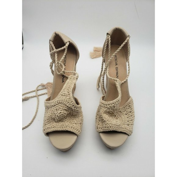 Moda Spana Tan Crocheted Tie Strap Ankle Wedge Cork Sandal BOHO Sz 9 - Picture 1 of 7